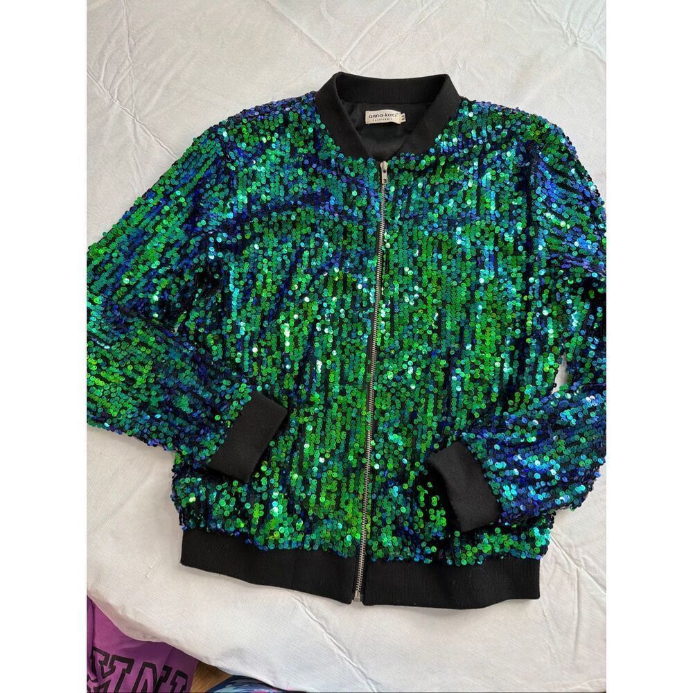 Anna-Kaci Sparkly Sequin Jacket Glitter Long Sleeves Zip Up Bomber Medium